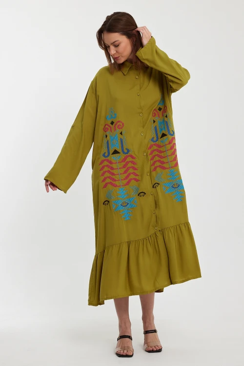 Maxi Boy Yağ Yeşili Nakış İşlemeli Uzun Boy Dokuma Gömlek Elbise BCVL-24954