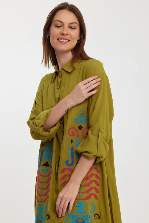 Maxi Boy Yağ Yeşili Nakış İşlemeli Uzun Boy Dokuma Gömlek Elbise BCVL-24954