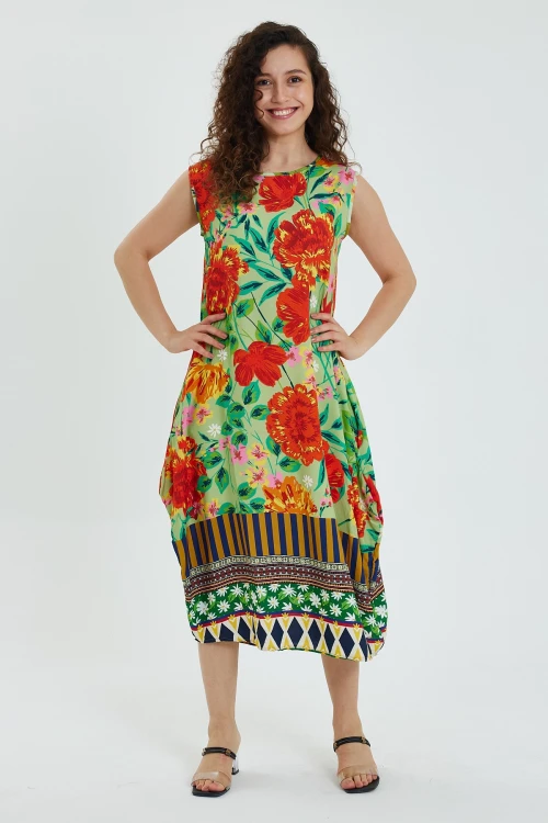 Maxi Boy Yeşil Bisiklet Yaka Çiçek Desenli Kolsuz Elbise BCVL-241008