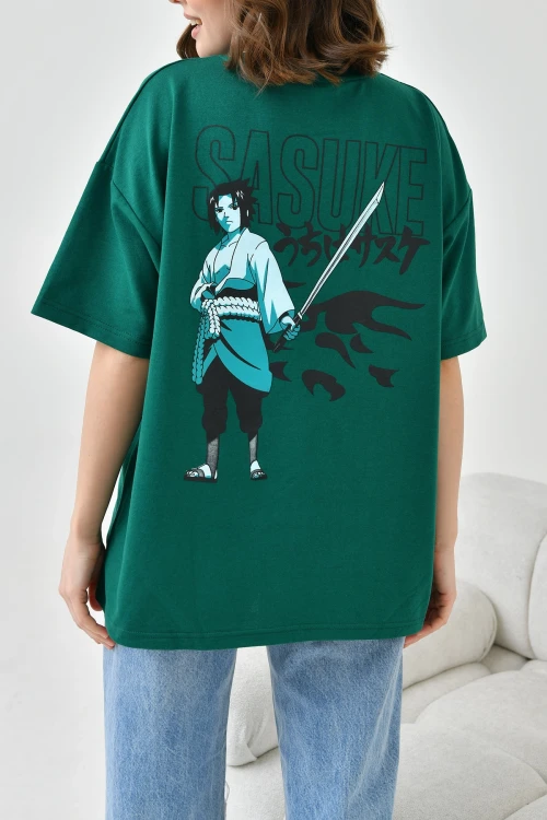 Yeşil Bisiklet Yaka İki İplik Sırtı Baskılı Oversize T-Shirt BC241126