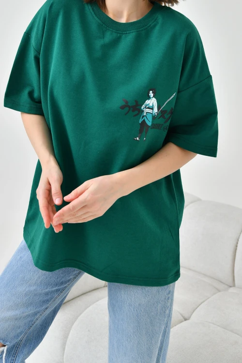 Yeşil Bisiklet Yaka İki İplik Sırtı Baskılı Oversize T-Shirt BC241126