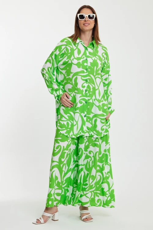 Maxi Boy Yeşil Çiçek Desenli Gömlek Ve Pantolon Dokuma Alt Üst Takım BCVL-248223