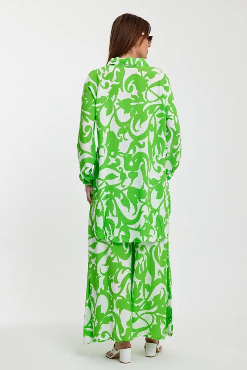 Maxi Boy Yeşil Çiçek Desenli Gömlek Ve Pantolon Dokuma Alt Üst Takım BCVL-248223