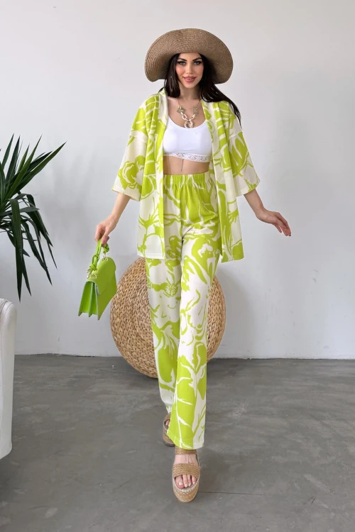 Yeşil Desenli Krinkle Kumaş Pantolon Ve Kimono Alt Üst Takım BCDF-241201