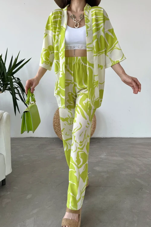 Yeşil Desenli Krinkle Kumaş Pantolon Ve Kimono Alt Üst Takım BCDF-241201