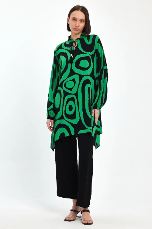 Maxi Boy Yeşil Geometrik Desenli Pantolon Ve Uzun Tunik Alt Üst Takım BCVL-241017