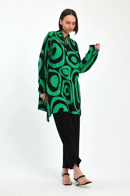 Maxi Boy Yeşil Geometrik Desenli Pantolon Ve Uzun Tunik Alt Üst Takım BCVL-241017