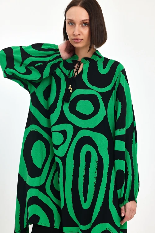 Maxi Boy Yeşil Geometrik Desenli Pantolon Ve Uzun Tunik Alt Üst Takım BCVL-241017