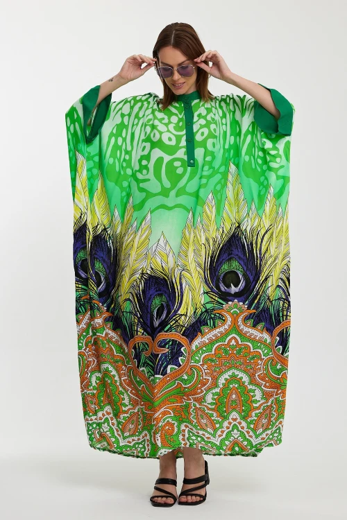 Maxi Boy Yeşil Hakim Yaka Düğme Detaylı Desenli Uzun Boy Dokuma Elbise BCVL-241037