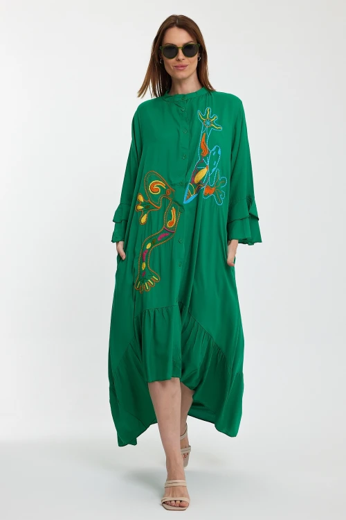 Maxi Boy Yeşil Hakim Yaka Nakış İşlemeli Uzun Boy Dokuma Gömlek Elbise BCVL-248140