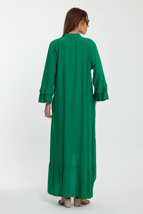 Maxi Boy Yeşil Hakim Yaka Nakış İşlemeli Uzun Boy Dokuma Gömlek Elbise BCVL-248140