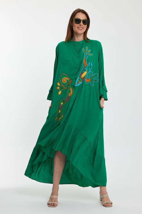Maxi Boy Yeşil Hakim Yaka Nakış İşlemeli Uzun Boy Dokuma Gömlek Elbise BCVL-248140