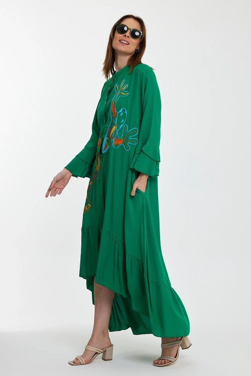 Maxi Boy Yeşil Hakim Yaka Nakış İşlemeli Uzun Boy Dokuma Gömlek Elbise BCVL-248140