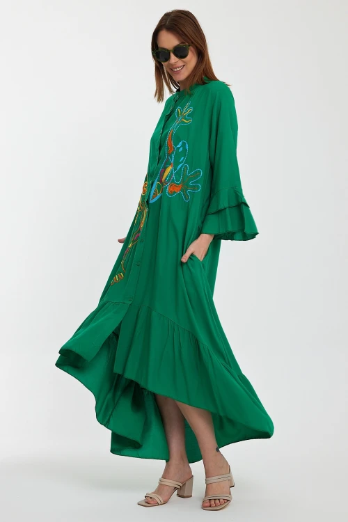 Maxi Boy Yeşil Hakim Yaka Nakış İşlemeli Uzun Boy Dokuma Gömlek Elbise BCVL-248140