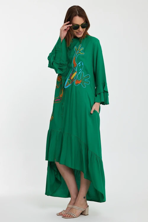 Maxi Boy Yeşil Hakim Yaka Nakış İşlemeli Uzun Boy Dokuma Gömlek Elbise BCVL-248140