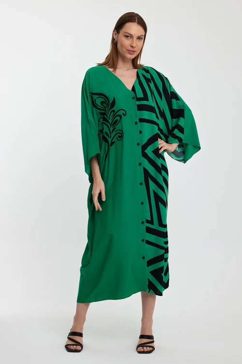 Maxi Boy Yeşil Nakış İşlemeli Renk Bloklu Uzun Boy Dokuma Elbise BCVL-241016