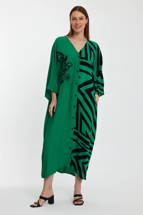 Maxi Boy Yeşil Nakış İşlemeli Renk Bloklu Uzun Boy Dokuma Elbise BCVL-241016