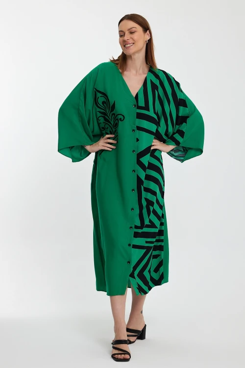 Maxi Boy Yeşil Nakış İşlemeli Renk Bloklu Uzun Boy Dokuma Elbise BCVL-241016