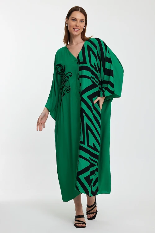 Maxi Boy Yeşil Nakış İşlemeli Renk Bloklu Uzun Boy Dokuma Elbise BCVL-241016