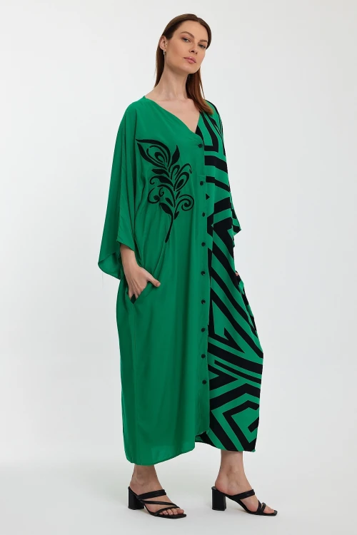 Maxi Boy Yeşil Nakış İşlemeli Renk Bloklu Uzun Boy Dokuma Elbise BCVL-241016