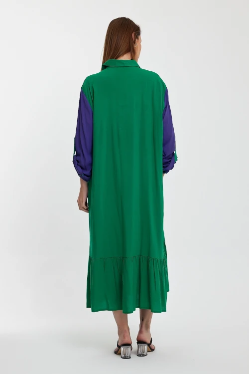 Maxi Boy Yeşil Renk Bloklu Nakış İşlemeli Uzun Boy Dokuma Gömlek Elbise BCVL-241000