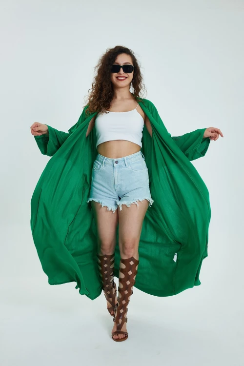 Maxi Boy Yeşil Sırtı Ve Kolları Nakışlı Kemer Bağlamalı Uzun Kimono Ceket BCVL-24911