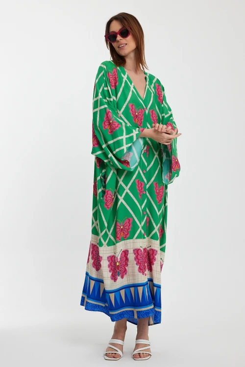 Maxi Boy Yeşil V Yaka Çiçek Desenli Uzun Boy Dokuma Gömlek Elbise BCVL-241032