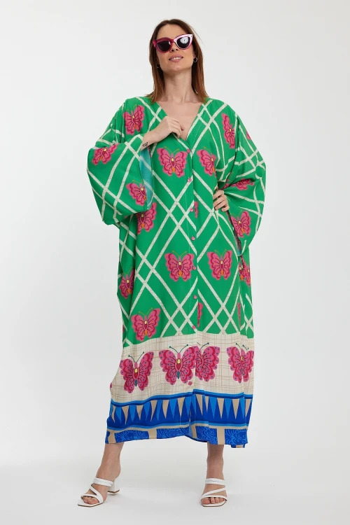 Maxi Boy Yeşil V Yaka Çiçek Desenli Uzun Boy Dokuma Gömlek Elbise BCVL-241032