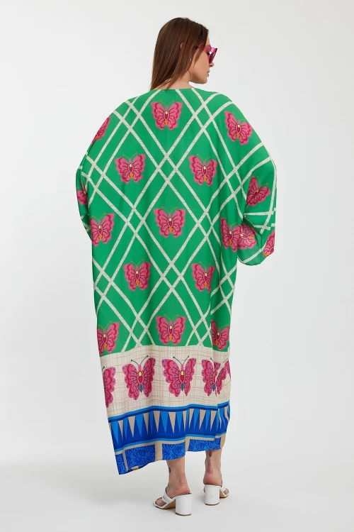 Maxi Boy Yeşil V Yaka Çiçek Desenli Uzun Boy Dokuma Gömlek Elbise BCVL-241032