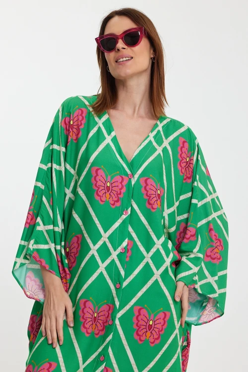 Maxi Boy Yeşil V Yaka Çiçek Desenli Uzun Boy Dokuma Gömlek Elbise BCVL-241032