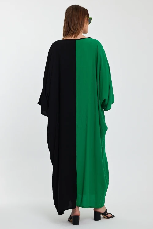 Maxi Boy Yeşil V Yaka Nakış İşlemeli Renk Bloklu Uzun Boy Gömlek Elbise BCVL-24958