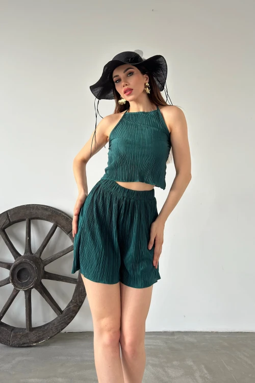 Zümrüt Yeşili Boyundan Bağlamalı Piliseli İkili Takım BCDF-249001