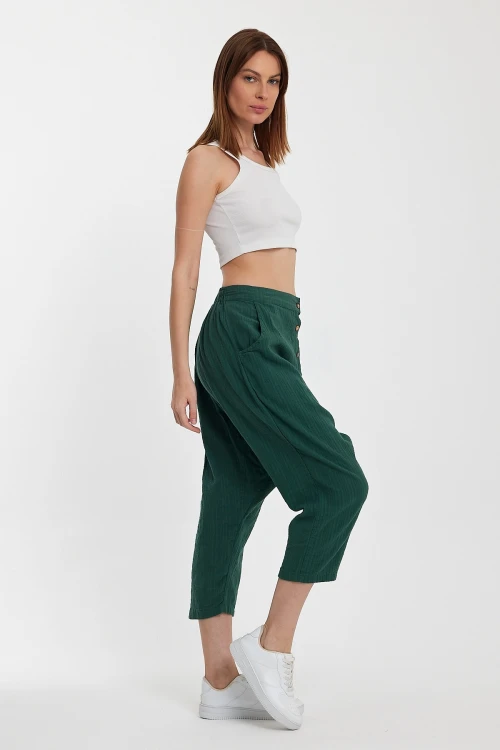 Maxi Boy Zümrüt Yeşili Çift Cepli Düğme Detaylı Düşük Ağ Şalvar Pantolon BCVL-245326