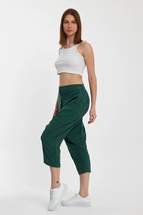 Maxi Boy Zümrüt Yeşili Çift Cepli Düğme Detaylı Düşük Ağ Şalvar Pantolon BCVL-245326