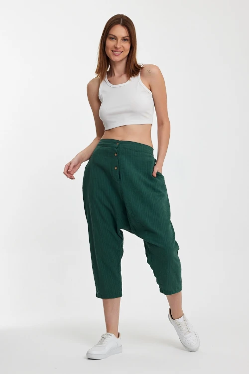 Maxi Boy Zümrüt Yeşili Çift Cepli Düğme Detaylı Düşük Ağ Şalvar Pantolon BCVL-245326