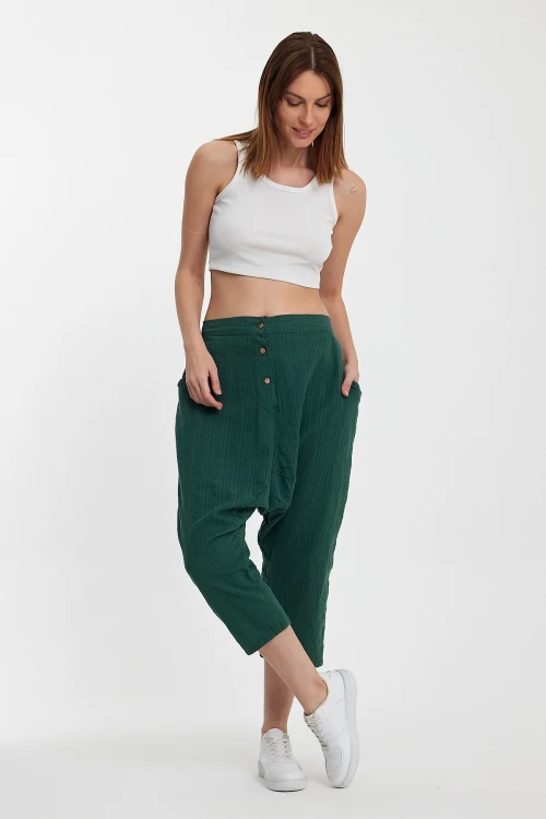 Maxi Boy Zümrüt Yeşili Çift Cepli Düğme Detaylı Düşük Ağ Şalvar Pantolon BCVL-245326