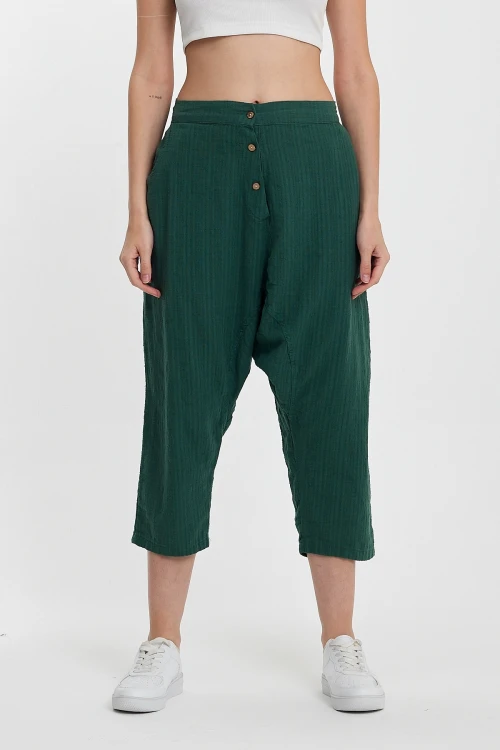 Maxi Boy Zümrüt Yeşili Çift Cepli Düğme Detaylı Düşük Ağ Şalvar Pantolon BCVL-245326