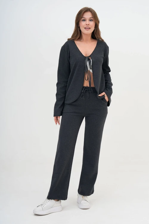 Antrasit Bağlamalı Ceket Ve Pantolonlu Örme Alt Üst Takım BC24YG1098