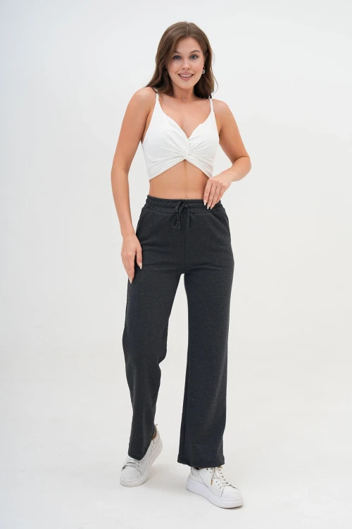 Antrasit Çift Cepli Örme Kumaş Rahat Kalıp Palazzo Pantolon BC25PKN03