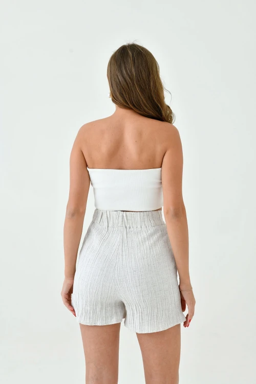 Bej Çift Cepli Çizgili Keten Şort BC25PKN16