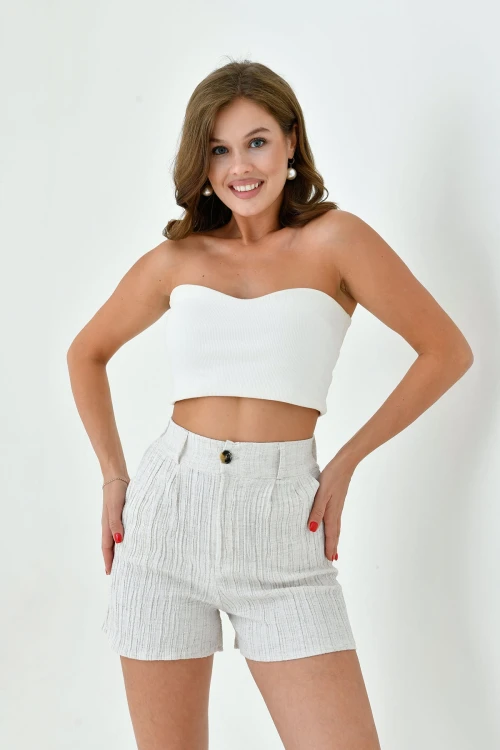 Bej Çift Cepli Çizgili Keten Şort BC25PKN16