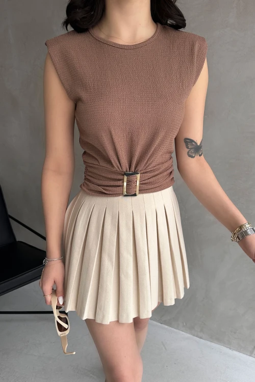 Bej Omuzu Vatkalı Beli Kemerli Bürümcük Bluz BCDF-252164