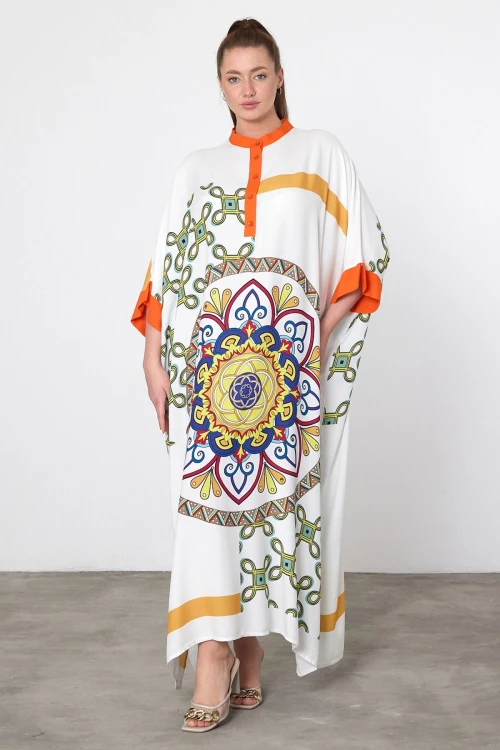 Maxi Boy Beyaz Baskılı Dokuma Viscon Elbise BCVL-251089