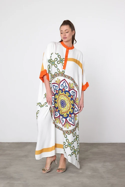 Maxi Boy Beyaz Baskılı Dokuma Viscon Elbise BCVL-251089