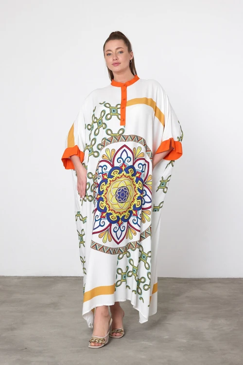 Maxi Boy Beyaz Baskılı Dokuma Viscon Elbise BCVL-251089