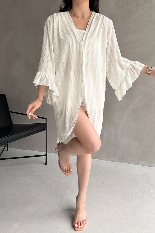 Beyaz Kolları Volanlı File Hırka BCDF-252171