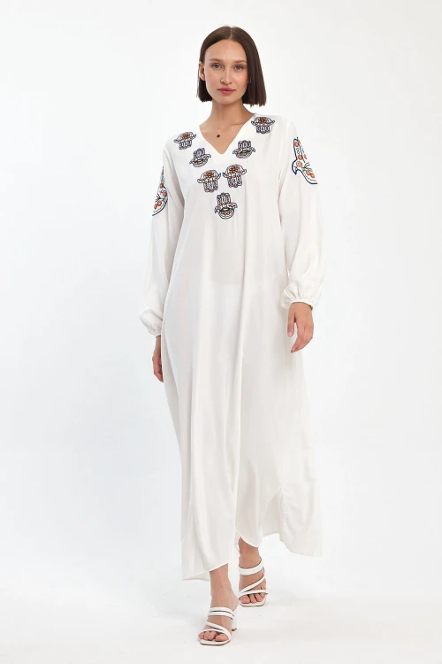 Maxi Boy Beyaz Nakış İşlemeli Dokuma Viscon Elbise BCVL-251044