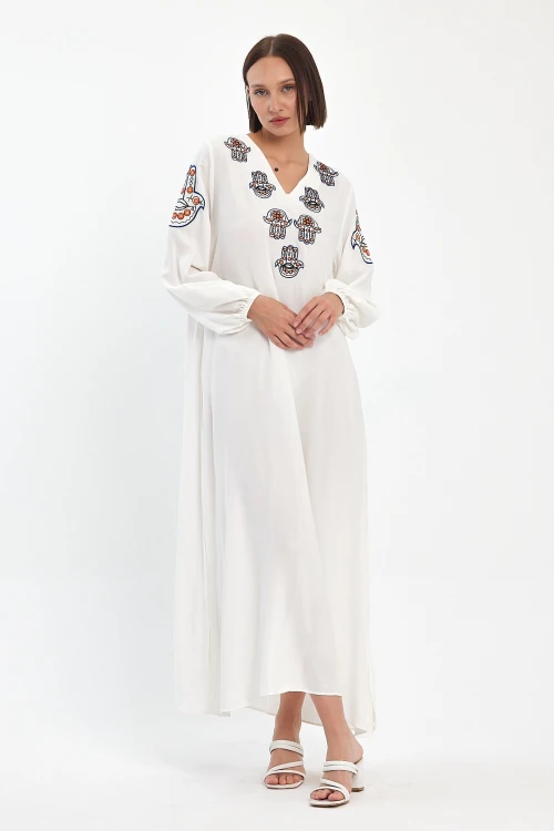 Maxi Boy Beyaz Nakış İşlemeli Dokuma Viscon Elbise BCVL-251044