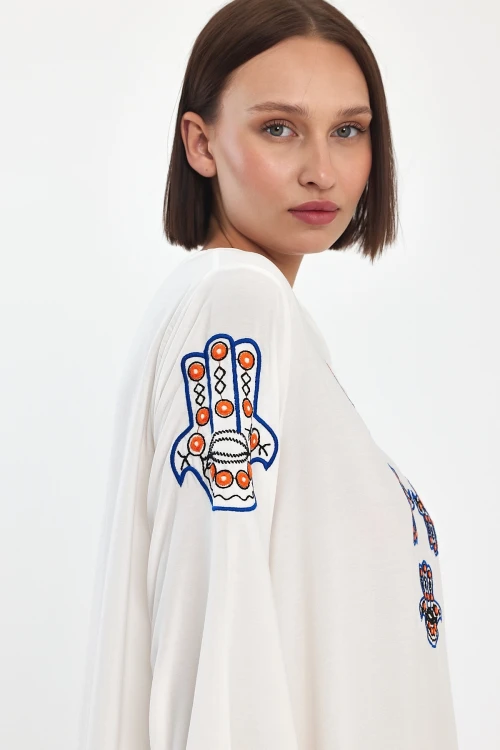 Maxi Boy Beyaz Nakış İşlemeli Dokuma Viscon Elbise BCVL-251044