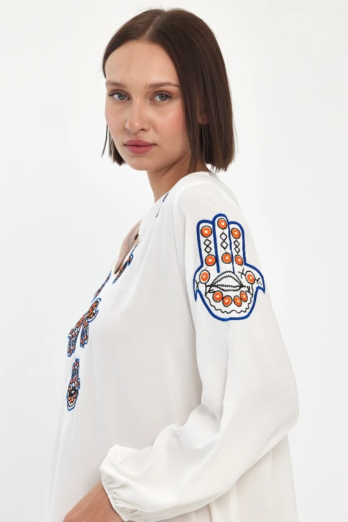 Maxi Boy Beyaz Nakış İşlemeli Dokuma Viscon Elbise BCVL-251044